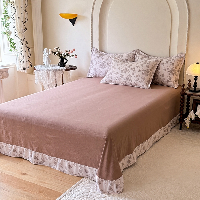 91家纺网 家纺一手货源 找家纺 韩约家纺 2025秋冬加厚1双层刺绣花边床单款棉麻四件套 轻婉