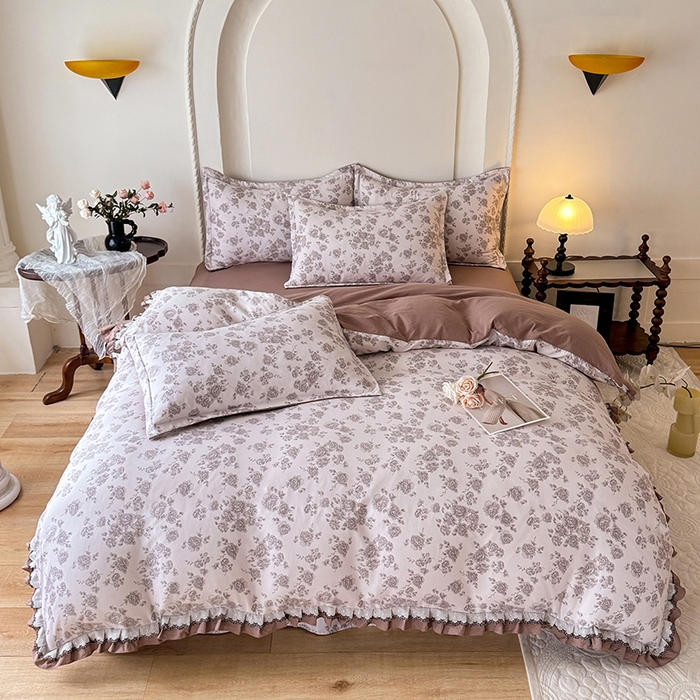 91家纺网 家纺一手货源 找家纺 韩约家纺 2025秋冬加厚1双层刺绣花边床单款棉麻四件套 轻婉