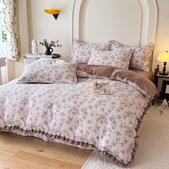 91家纺网 家纺一手货源 找家纺 韩约家纺 2025秋冬加厚1双层刺绣花边床单款棉麻四件套 轻婉