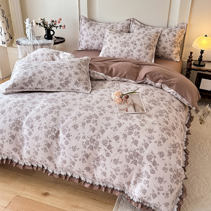 91家纺网 家纺一手货源 找家纺 韩约家纺 2025秋冬加厚1双层刺绣花边床单款棉麻四件套 轻婉
