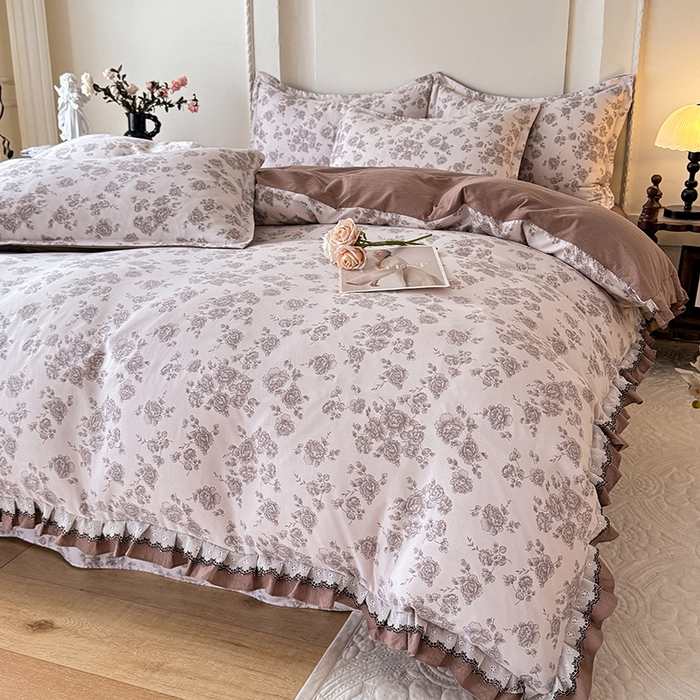 91家纺网 家纺一手货源 找家纺 韩约家纺 2025秋冬加厚1双层刺绣花边床单款棉麻四件套 轻婉