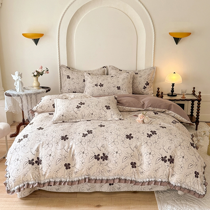 91家纺网 家纺一手货源 找家纺 韩约家纺 2025秋冬加厚1双层刺绣花边床单款棉麻四件套 情陌