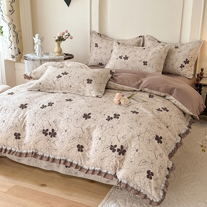 91家纺网 家纺一手货源 找家纺 韩约家纺 2025秋冬加厚1双层刺绣花边床单款棉麻四件套 情陌