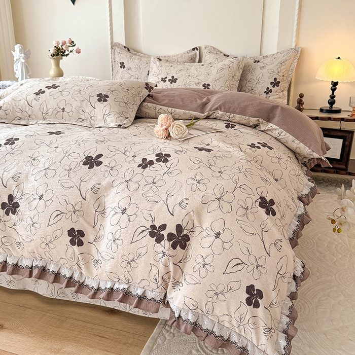 91家纺网 家纺一手货源 找家纺 韩约家纺 2025秋冬加厚1双层刺绣花边床单款棉麻四件套 情陌