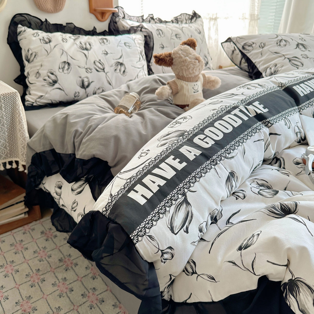 雅居纺家纺 2025新款全棉纯棉赫本风磨毛蕾丝花边四件套-风格一 梦幻郁金香