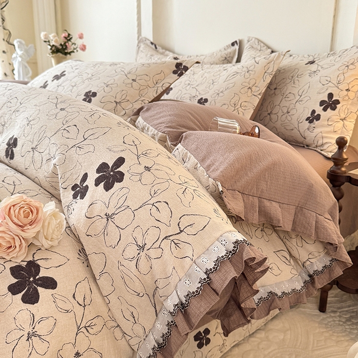 91家纺网 家纺一手货源 找家纺 韩约家纺 2025秋冬加厚1双层刺绣花边床单款棉麻四件套 情陌