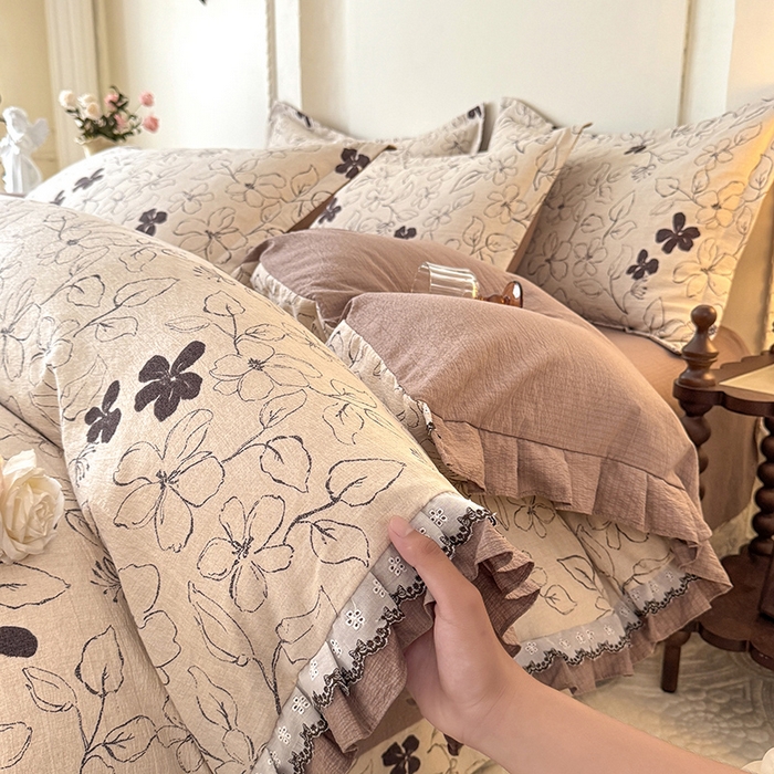 91家纺网 家纺一手货源 找家纺 韩约家纺 2025秋冬加厚1双层刺绣花边床单款棉麻四件套 情陌