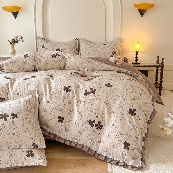 91家纺网 家纺一手货源 找家纺 韩约家纺 2025秋冬加厚1双层刺绣花边床单款棉麻四件套 情陌