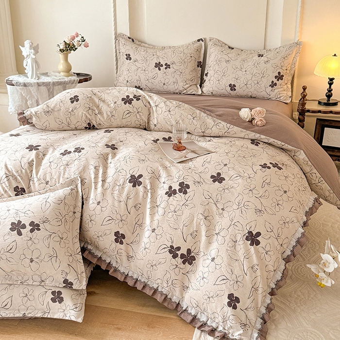 91家纺网 家纺一手货源 找家纺 韩约家纺 2025秋冬加厚1双层刺绣花边床单款棉麻四件套 情陌