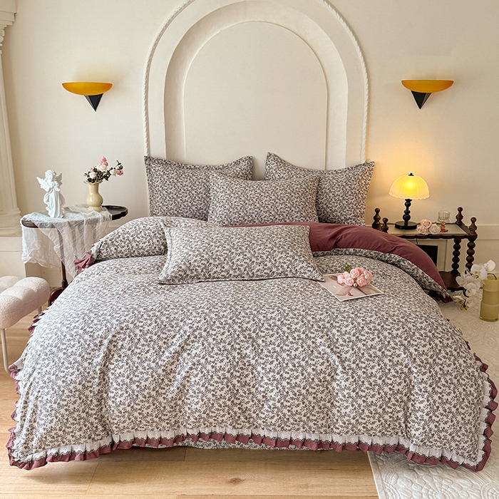 91家纺网 家纺一手货源 找家纺 韩约家纺 2025秋冬加厚1双层刺绣花边床单款棉麻四件套 秋雨