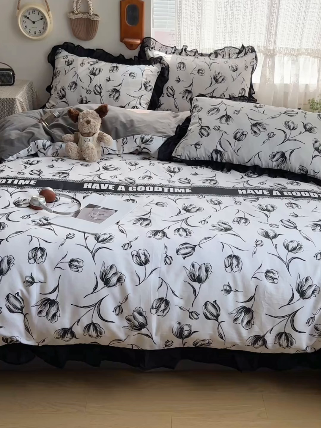 91家纺网 家纺一手货源 找家纺 雅居纺家纺 2025新款全棉纯棉赫本风磨毛蕾丝花边四件套-风格一 梦幻郁金香