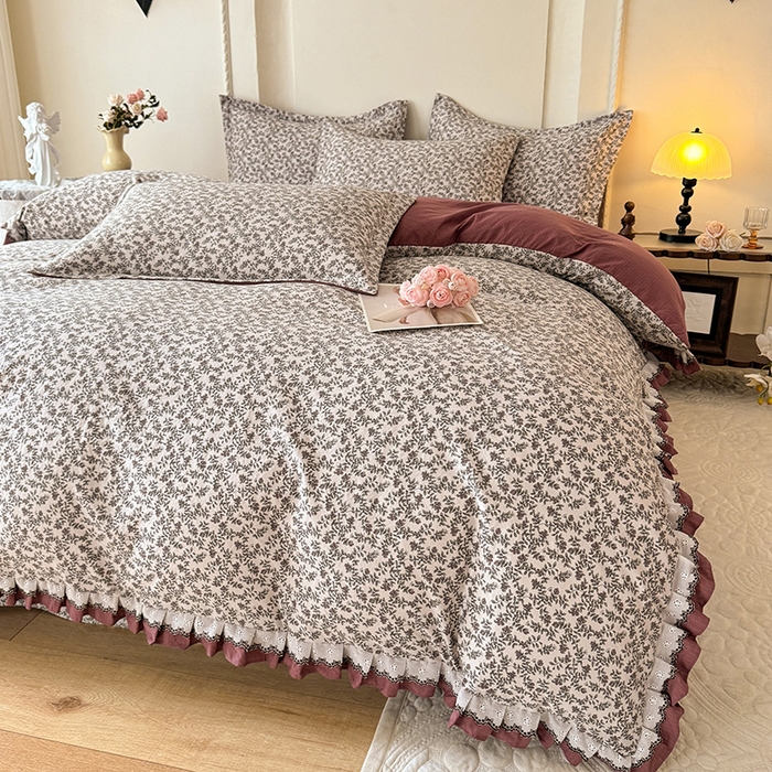 91家纺网 家纺一手货源 找家纺 韩约家纺 2025秋冬加厚1双层刺绣花边床单款棉麻四件套 秋雨