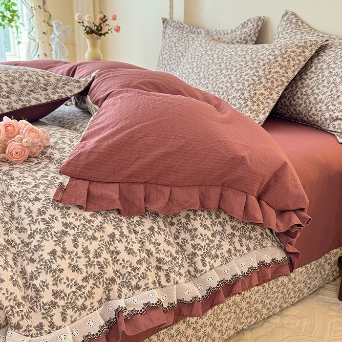 91家纺网 家纺一手货源 找家纺 韩约家纺 2025秋冬加厚1双层刺绣花边床单款棉麻四件套 秋雨