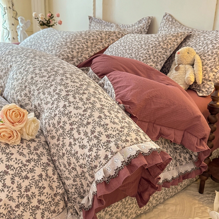 91家纺网 家纺一手货源 找家纺 韩约家纺 2025秋冬加厚1双层刺绣花边床单款棉麻四件套 秋雨