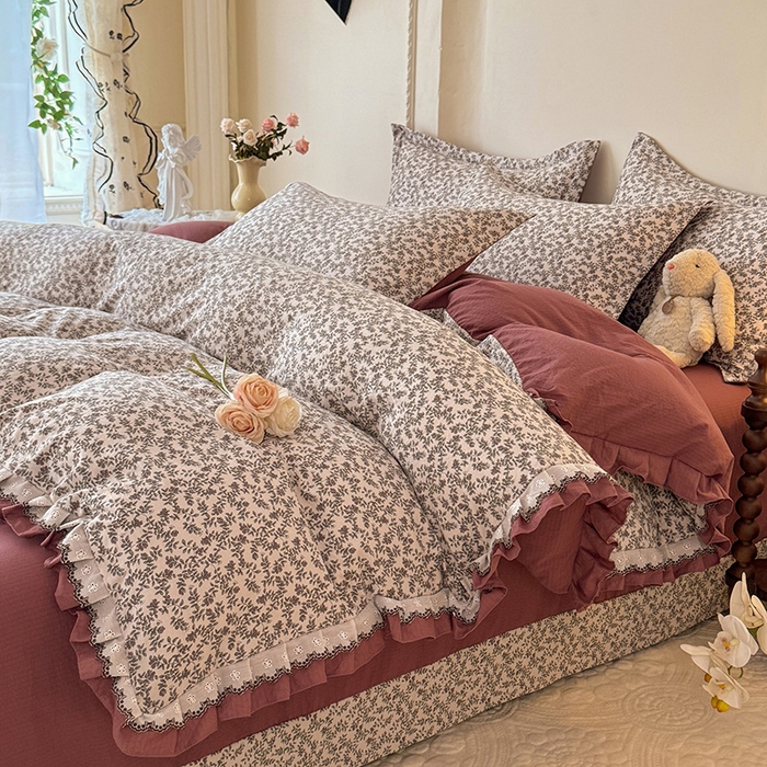 91家纺网 家纺一手货源 找家纺 韩约家纺 2025秋冬加厚1双层刺绣花边床单款棉麻四件套 秋雨