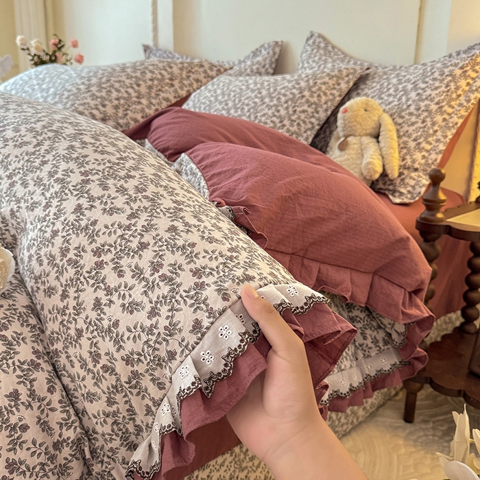 91家纺网 家纺一手货源 找家纺 韩约家纺 2025秋冬加厚1双层刺绣花边床单款棉麻四件套 秋雨