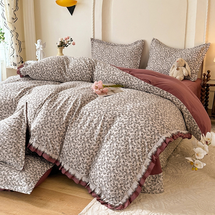 91家纺网 家纺一手货源 找家纺 韩约家纺 2025秋冬加厚1双层刺绣花边床单款棉麻四件套 秋雨