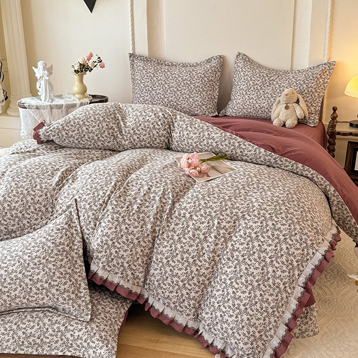 91家纺网 家纺一手货源 找家纺 韩约家纺 2025秋冬加厚1双层刺绣花边床单款棉麻四件套 秋雨