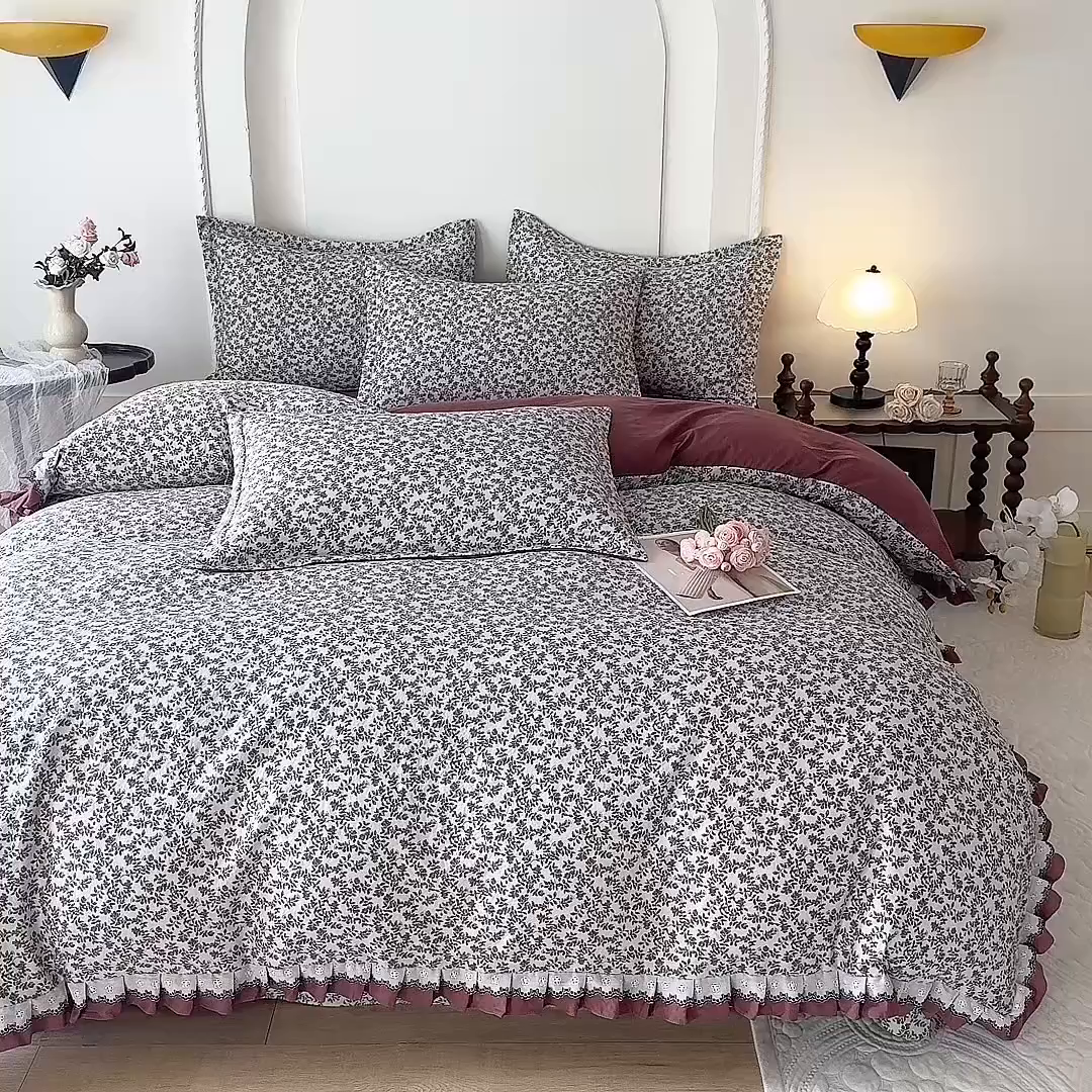 91家纺网 家纺一手货源 找家纺 韩约家纺 2025秋冬加厚1双层刺绣花边床单款棉麻四件套 秋雨
