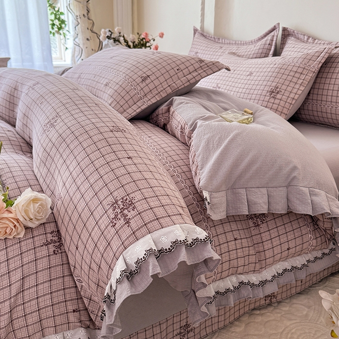 韩约家纺 2025秋冬加厚1双层刺绣花边床单款棉麻四件套 如约