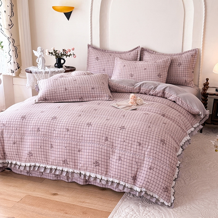 91家纺网 家纺一手货源 找家纺 韩约家纺 2025秋冬加厚1双层刺绣花边床单款棉麻四件套 如约