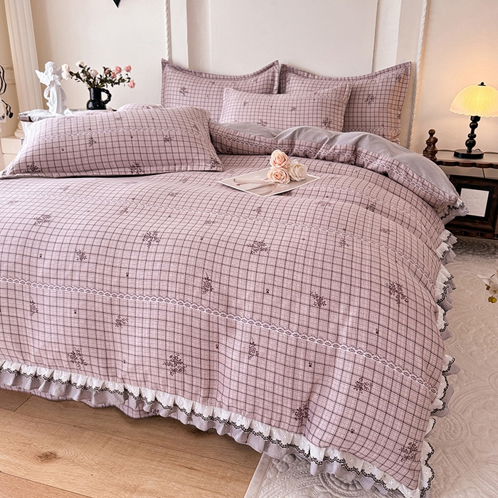 91家纺网 家纺一手货源 找家纺 韩约家纺 2025秋冬加厚1双层刺绣花边床单款棉麻四件套 如约