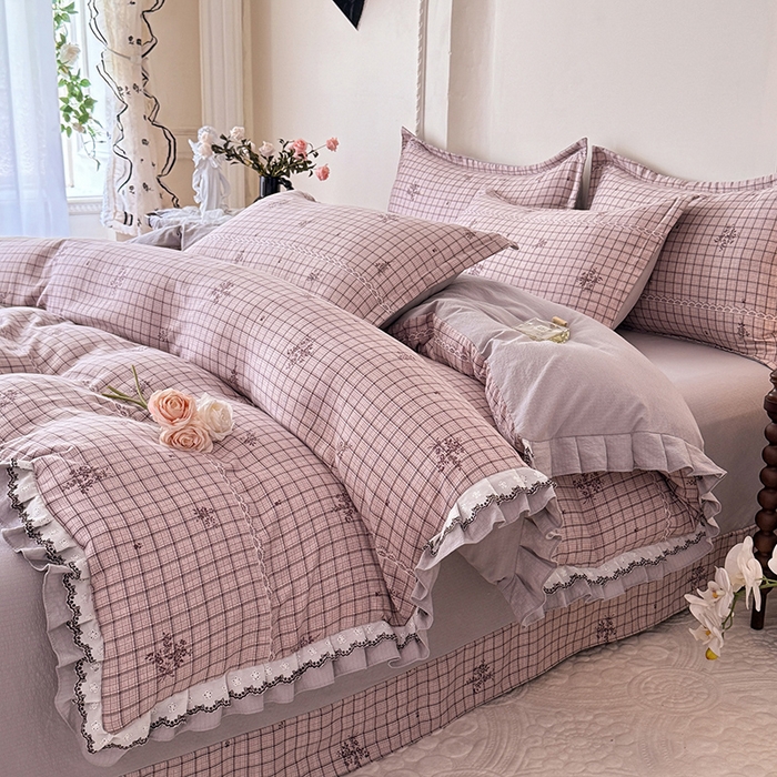 91家纺网 家纺一手货源 找家纺 韩约家纺 2025秋冬加厚1双层刺绣花边床单款棉麻四件套 如约