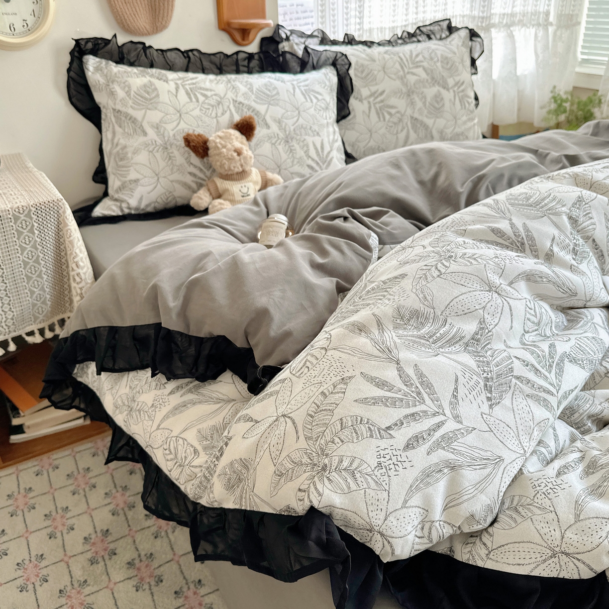 91家纺网 家纺一手货源 找家纺 雅居纺家纺 2025新款全棉纯棉赫本风磨毛蕾丝花边四件套-风格一 叶叶情怀