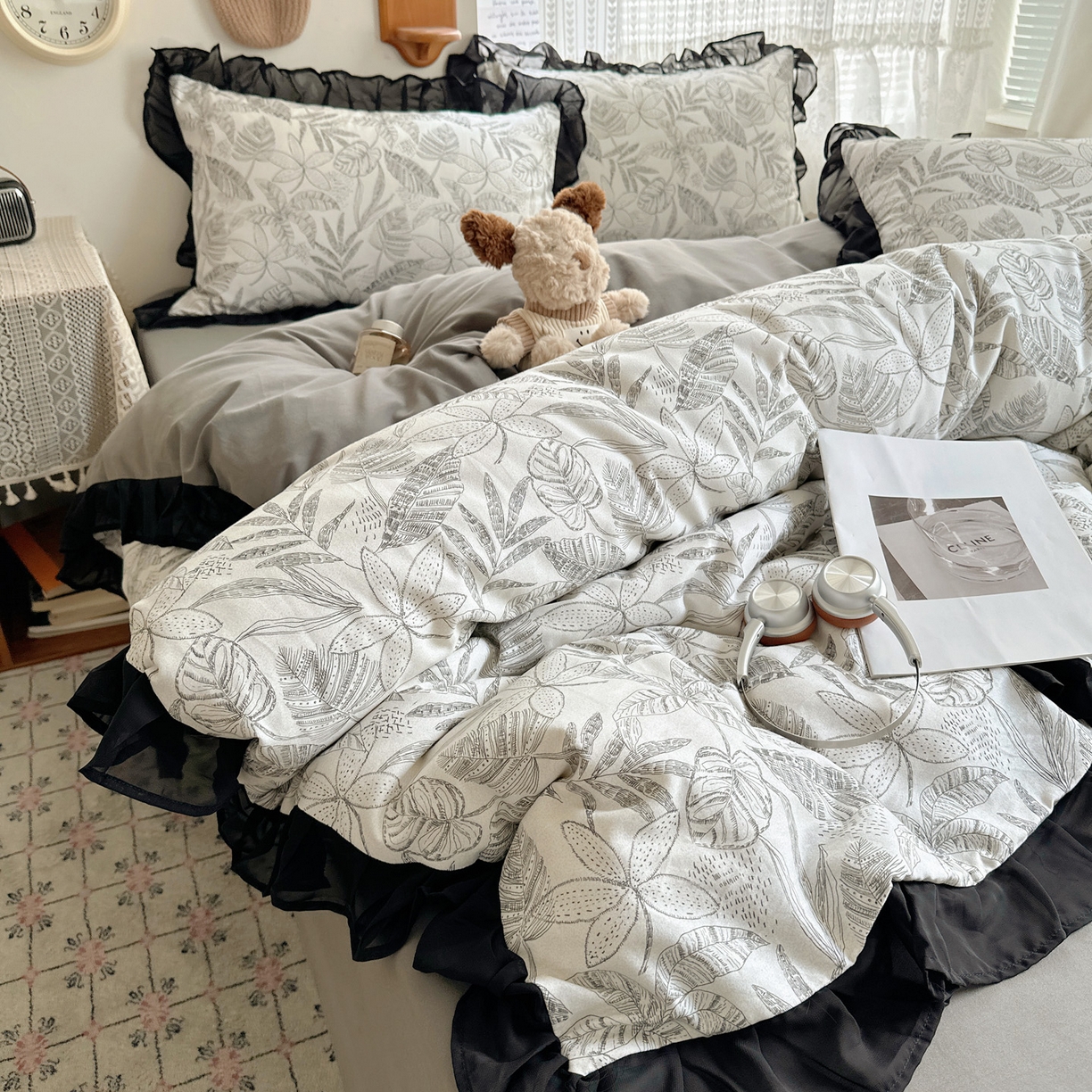 91家纺网 家纺一手货源 找家纺 雅居纺家纺 2025新款全棉纯棉赫本风磨毛蕾丝花边四件套-风格一 叶叶情怀