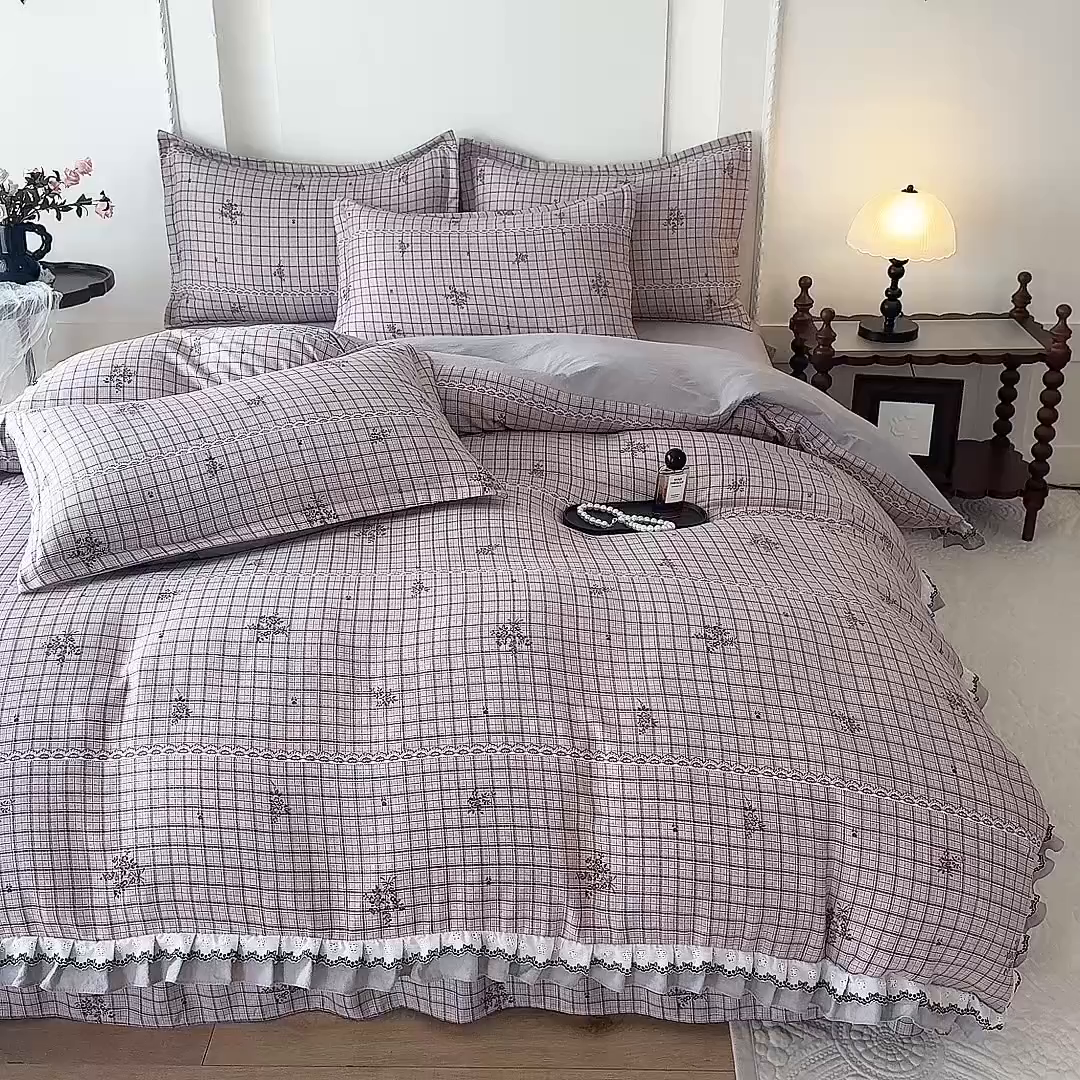 91家纺网 家纺一手货源 找家纺 韩约家纺 2025秋冬加厚1双层刺绣花边床单款棉麻四件套 如约