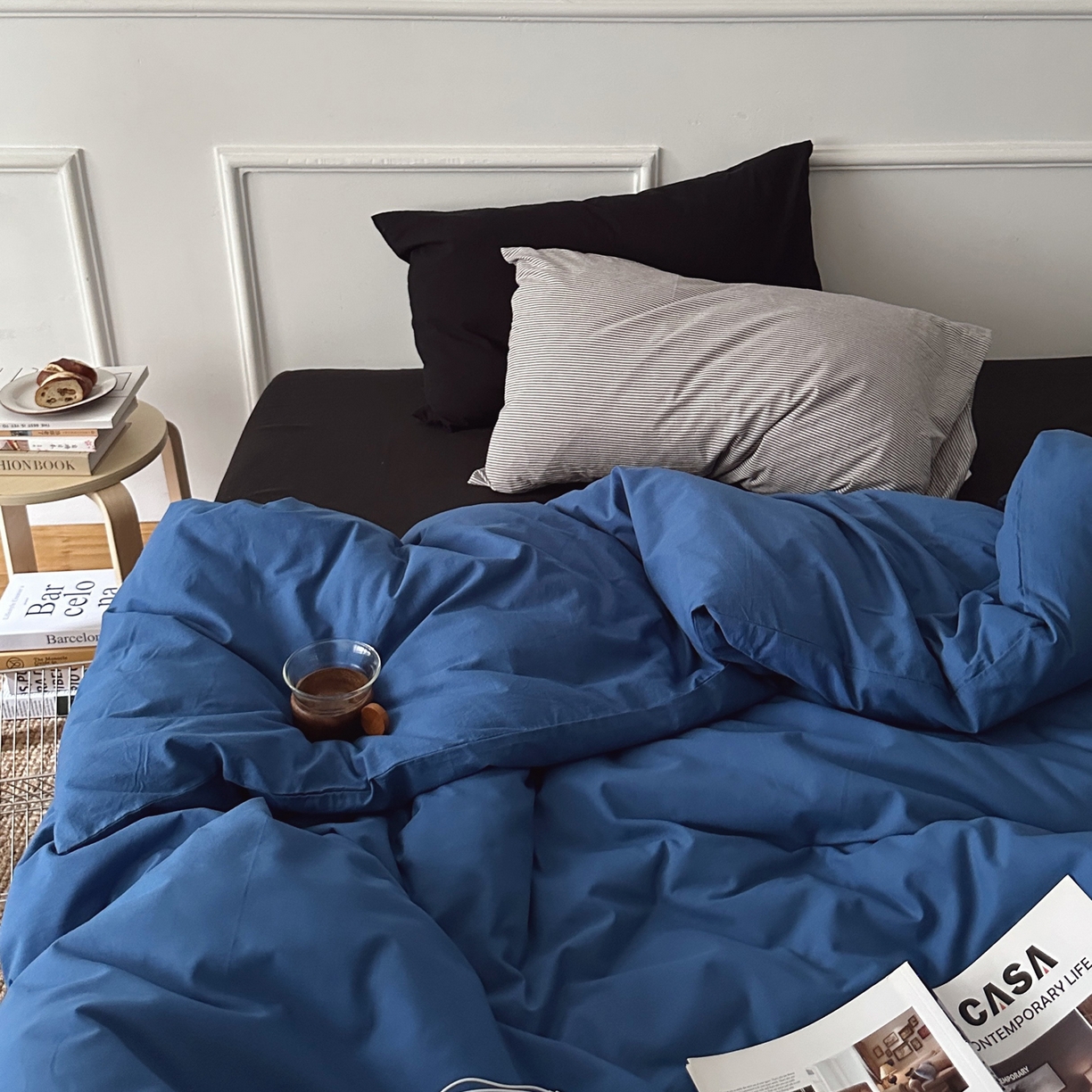 柚可家居 2025新款40支色织水洗棉四件套-深海秘境第二组 深海秘境（枕套细灰条纹+黑色）