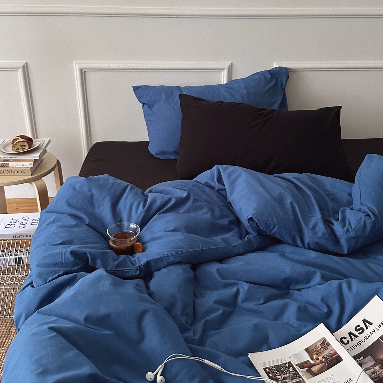 91家纺网 家纺一手货源 找家纺 柚可家居 2025新款40支色织水洗棉四件套-深海秘境第二组 深海秘境（枕套越蓝+黑色）