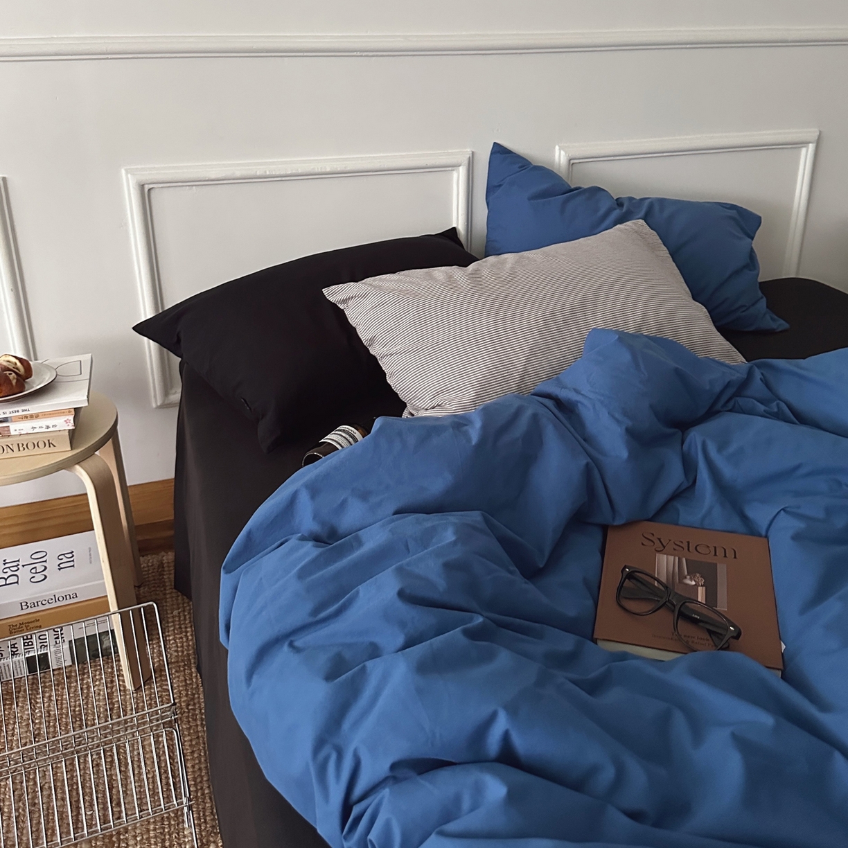 91家纺网 家纺一手货源 找家纺 柚可家居 2025新款40支色织水洗棉四件套-深海秘境第二组 深海秘境（枕套细灰条纹+黑色）