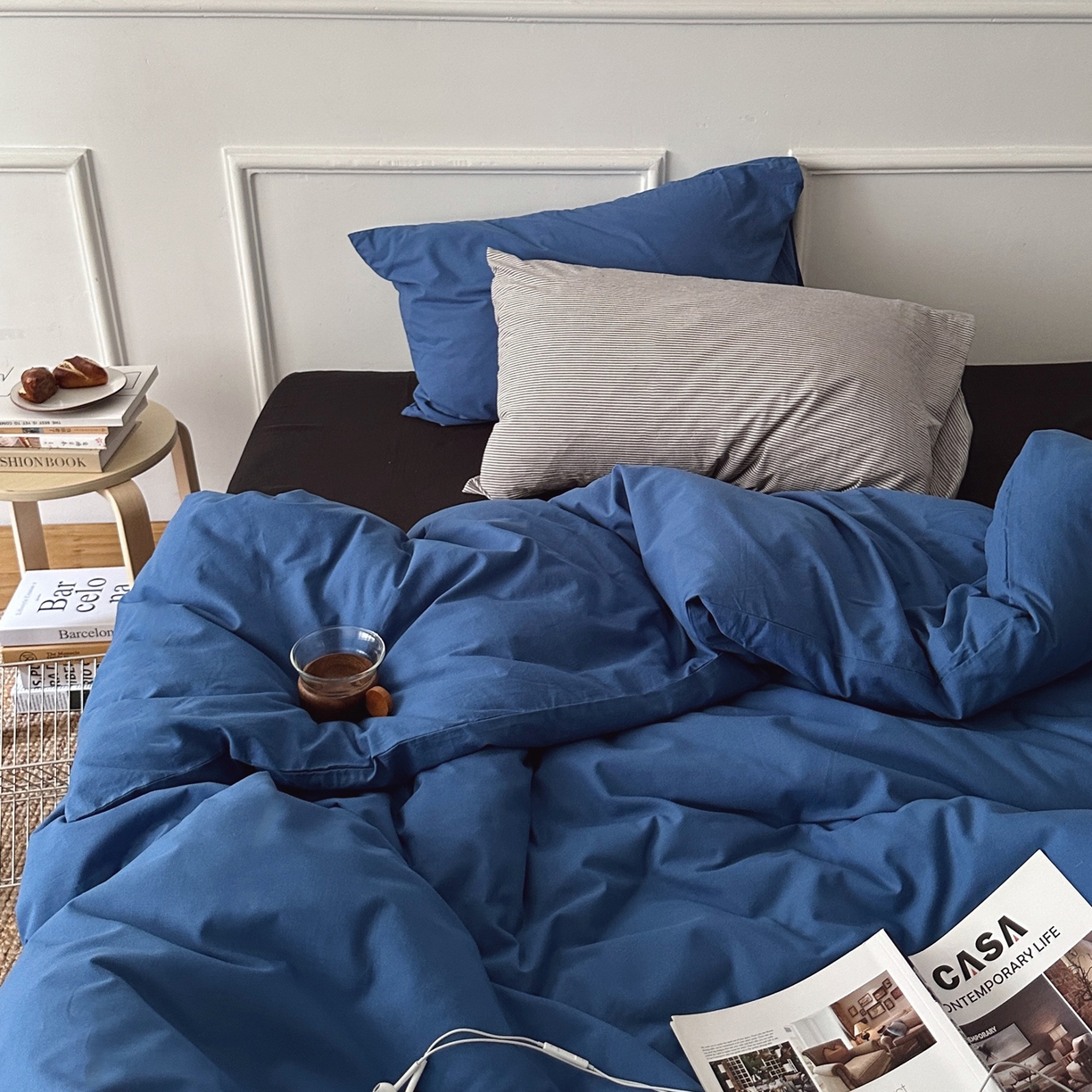 91家纺网 家纺一手货源 找家纺 柚可家居 2025新款40支色织水洗棉四件套-深海秘境第二组 深海秘境（枕套越蓝+细灰条纹）