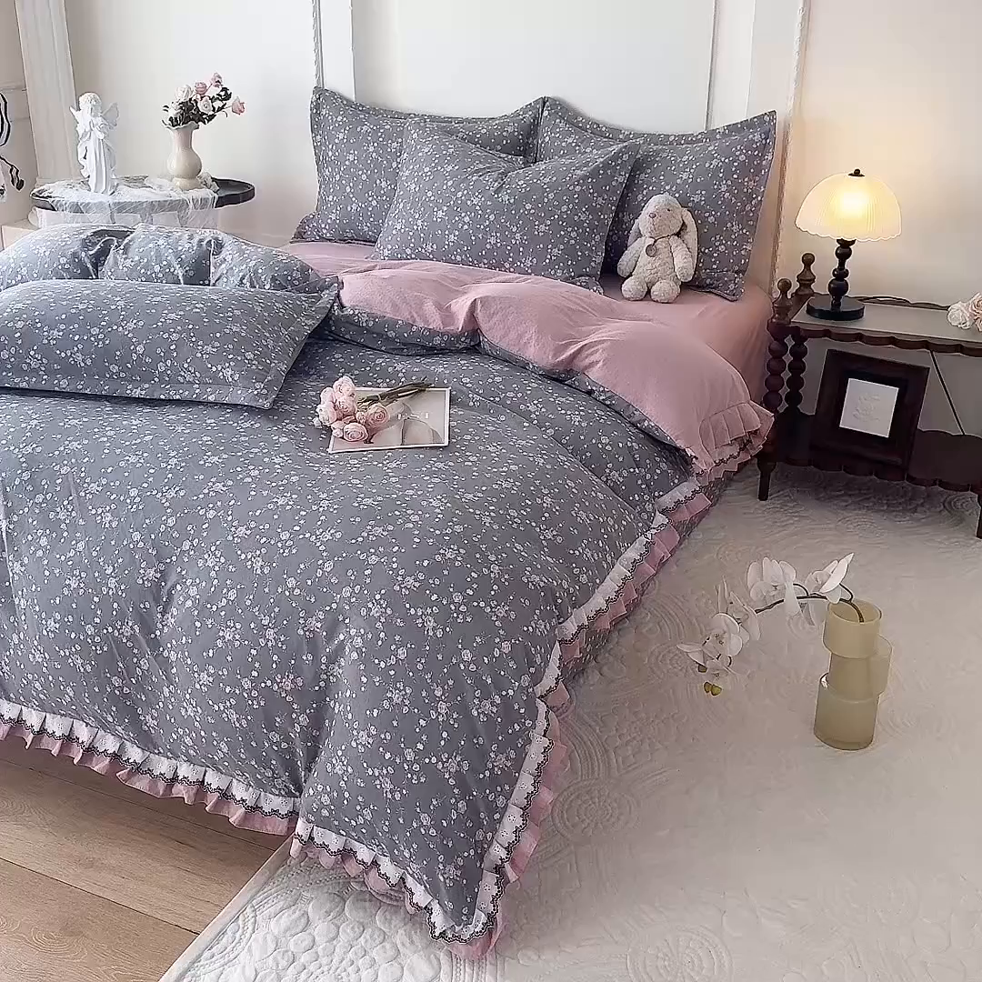 91家纺网 家纺一手货源 找家纺 韩约家纺 2025秋冬加厚1双层刺绣花边床单款棉麻四件套 婉婷