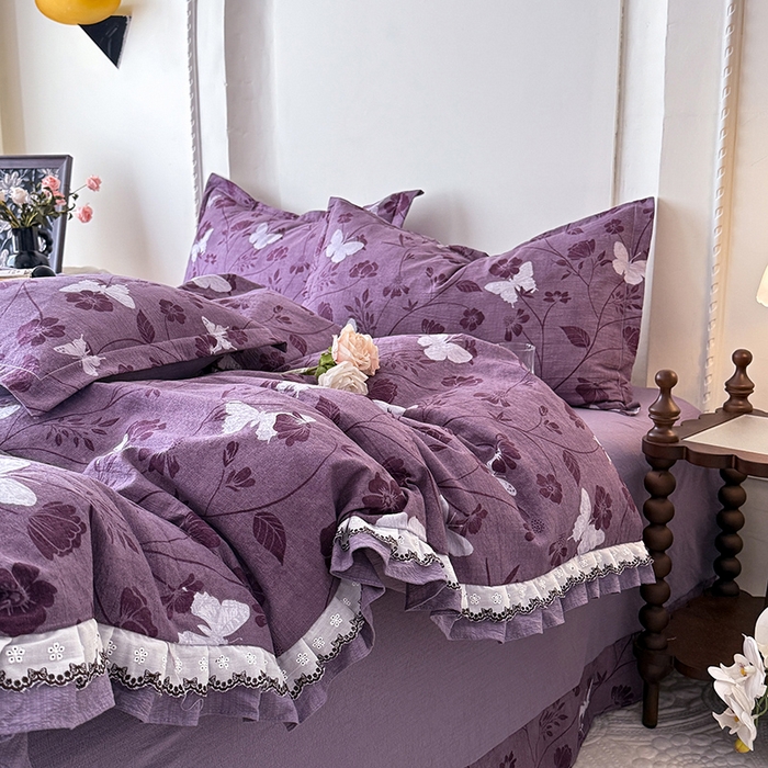 91家纺网 家纺一手货源 找家纺 韩约家纺 2025秋冬加厚1双层刺绣花边床单款棉麻四件套 雨蝶