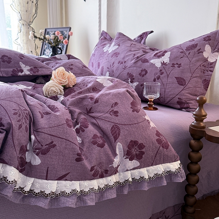 91家纺网 家纺一手货源 找家纺 韩约家纺 2025秋冬加厚1双层刺绣花边床单款棉麻四件套 雨蝶