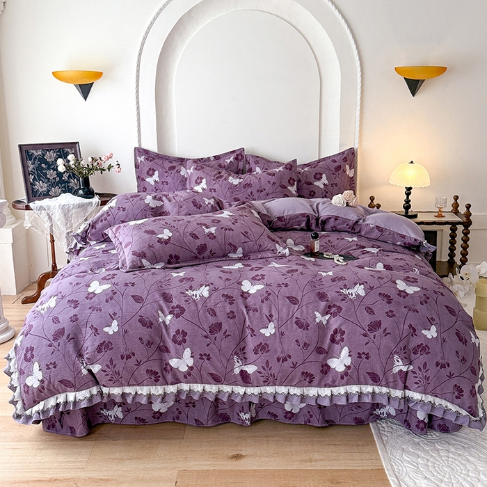 91家纺网 家纺一手货源 找家纺 韩约家纺 2025秋冬加厚1双层刺绣花边床单款棉麻四件套 雨蝶