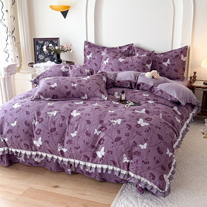 91家纺网 家纺一手货源 找家纺 韩约家纺 2025秋冬加厚1双层刺绣花边床单款棉麻四件套 雨蝶