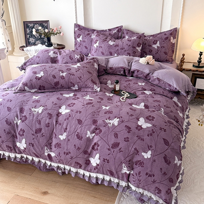 91家纺网 家纺一手货源 找家纺 韩约家纺 2025秋冬加厚1双层刺绣花边床单款棉麻四件套 雨蝶