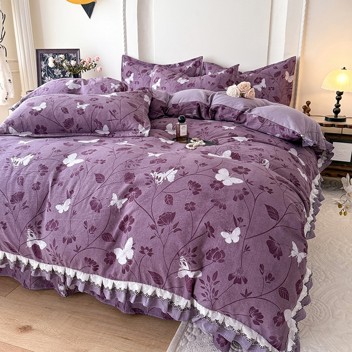 91家纺网 家纺一手货源 找家纺 韩约家纺 2025秋冬加厚1双层刺绣花边床单款棉麻四件套 雨蝶