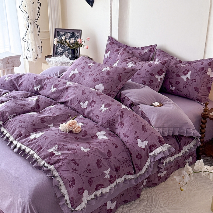 91家纺网 家纺一手货源 找家纺 韩约家纺 2025秋冬加厚1双层刺绣花边床单款棉麻四件套 雨蝶