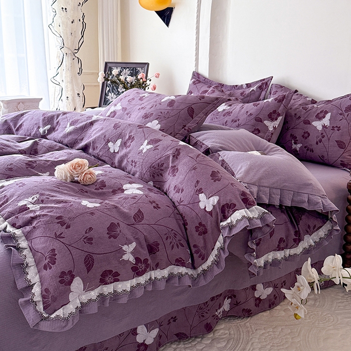 91家纺网 家纺一手货源 找家纺 韩约家纺 2025秋冬加厚1双层刺绣花边床单款棉麻四件套 雨蝶