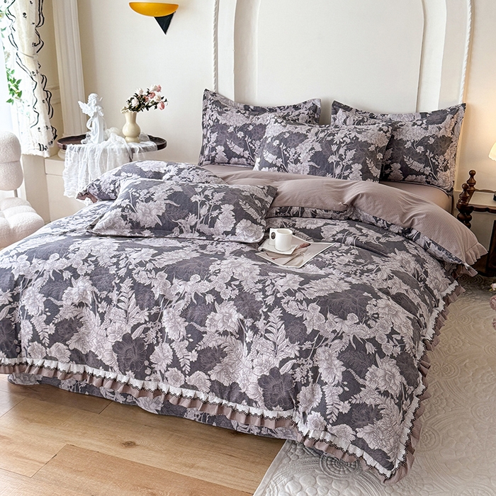 91家纺网 家纺一手货源 找家纺 韩约家纺 2025秋冬加厚1双层刺绣花边床单款棉麻四件套 玉环