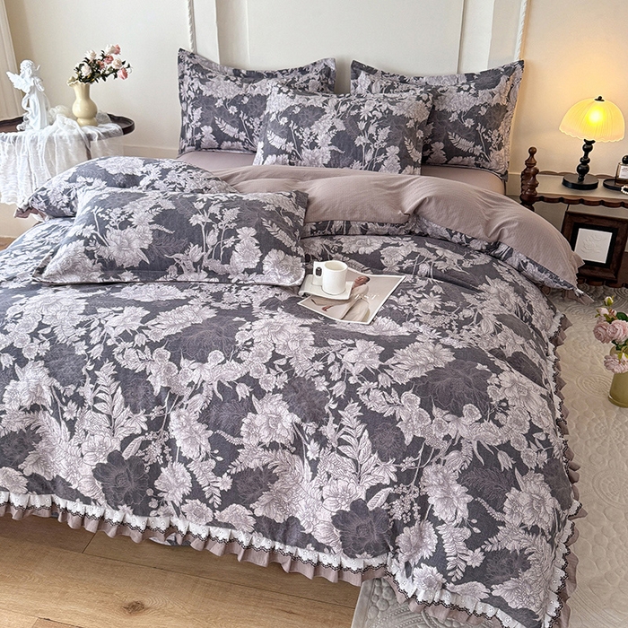 91家纺网 家纺一手货源 找家纺 韩约家纺 2025秋冬加厚1双层刺绣花边床单款棉麻四件套 玉环