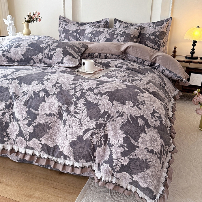 91家纺网 家纺一手货源 找家纺 韩约家纺 2025秋冬加厚1双层刺绣花边床单款棉麻四件套 玉环