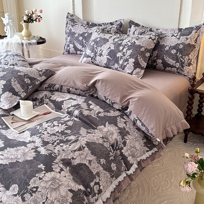 91家纺网 家纺一手货源 找家纺 韩约家纺 2025秋冬加厚1双层刺绣花边床单款棉麻四件套 玉环