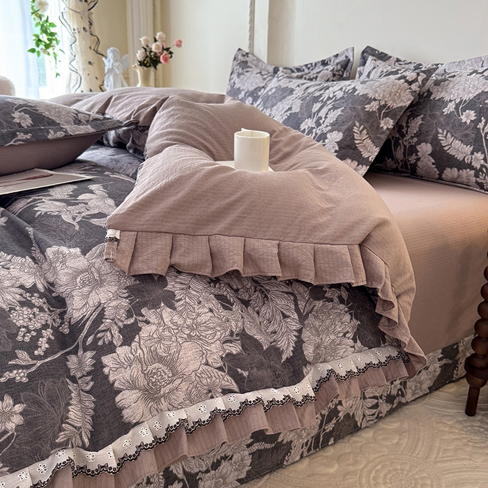 91家纺网 家纺一手货源 找家纺 韩约家纺 2025秋冬加厚1双层刺绣花边床单款棉麻四件套 玉环