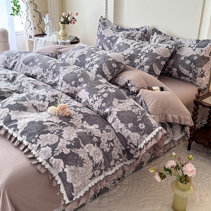 91家纺网 家纺一手货源 找家纺 韩约家纺 2025秋冬加厚1双层刺绣花边床单款棉麻四件套 玉环