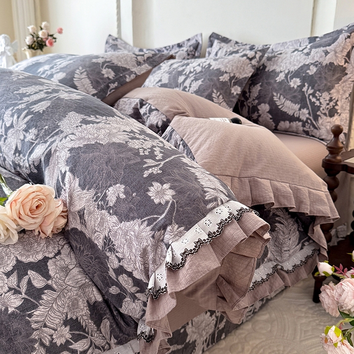 91家纺网 家纺一手货源 找家纺 韩约家纺 2025秋冬加厚1双层刺绣花边床单款棉麻四件套 玉环